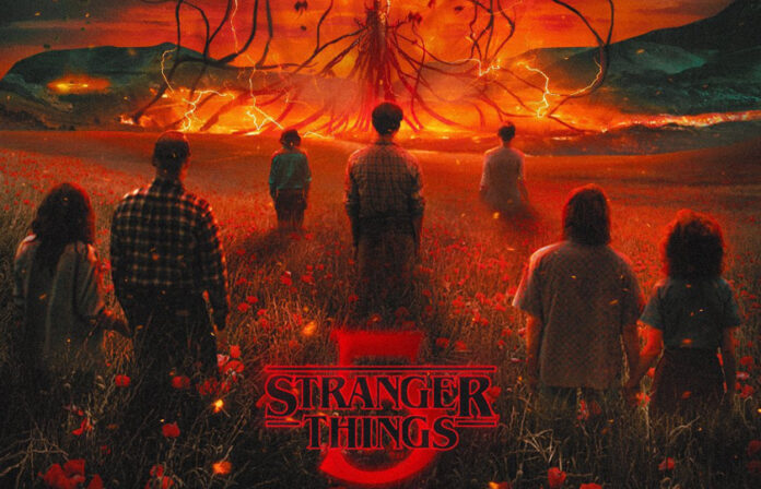 “Stranger Things Season 5 teaser poster showing Eleven facing the Upside Down with red lightning, Netflix logo, and tagline ‘The Final Showdown Begins 2026.’”