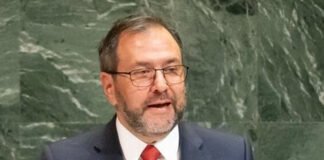 Venezuela’s foreign minister addressing reporters after rejecting U.S. airspace threats