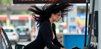 A glamorous Indian woman is filling her car with petrol at a petrol pump.