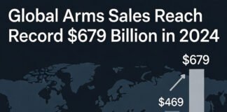 SIPRI chart showing global military arms sales reaching a record $679 billion in 2024