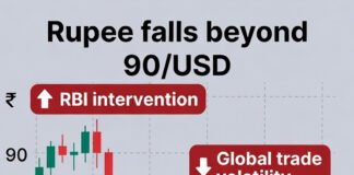 Indian rupee falling to a record low past 90 per US dollar with RBI intervention in forex markets