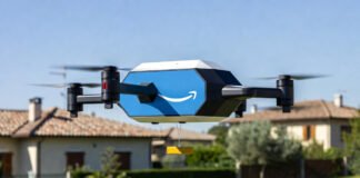 Amazon Prime Air MK30 drone in flight delivering a package