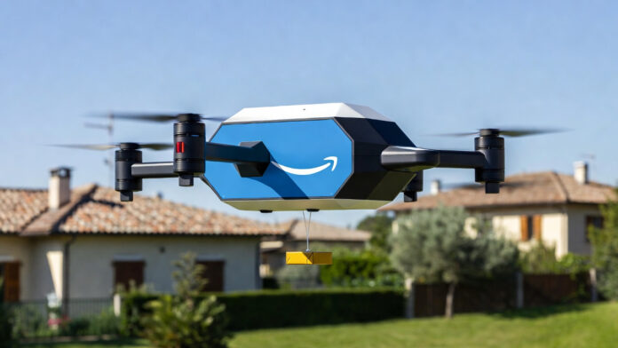 amazon-prime-air-drone-deli Amazon Prime Air MK30 drone in flight delivering a package