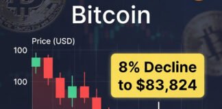 Bitcoin price chart showing sharp decline to $83,824 amid regulatory fears.