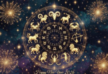 Daily Horoscope January 1, 2026: New Year Predictions for All 12 Zodiac Signs Zodiac wheel with glowing stars and New Year 2026 celebration for daily horoscope January 1
