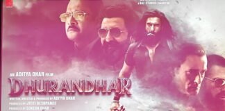 Ranveer Singh in Dhurandhar poster and Dharmendra in Ikkis promotional image side by side