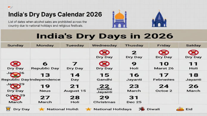 Dry Days in India 2026 list showing liquor shop closure dates and national holidays