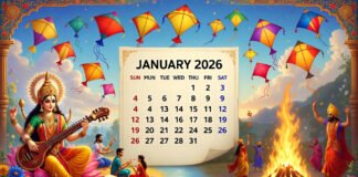 Vibrant illustration of January 2026 Hindu festivals with Makar Sankranti kites, Saraswati Puja, and Lohri bonfire