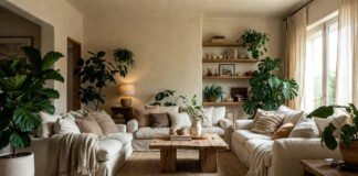 Cozy living room embodying 2025 warm minimalism and biophilic design with indoor plants, natural wood furniture, linen sofa, and earthy tones