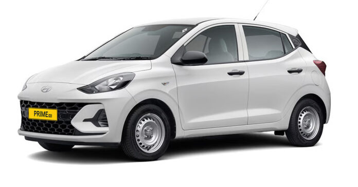 Hyundai Prime Taxi range with factory-fitted CNG parked outside a Hyundai dealership in India, showcasing Prime HB hatchback and Prime SD sedan models.