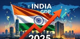 Rising graph arrow over Indian flag with Mumbai skyline symbolizing India's 2025 economic milestone as 4th largest economy