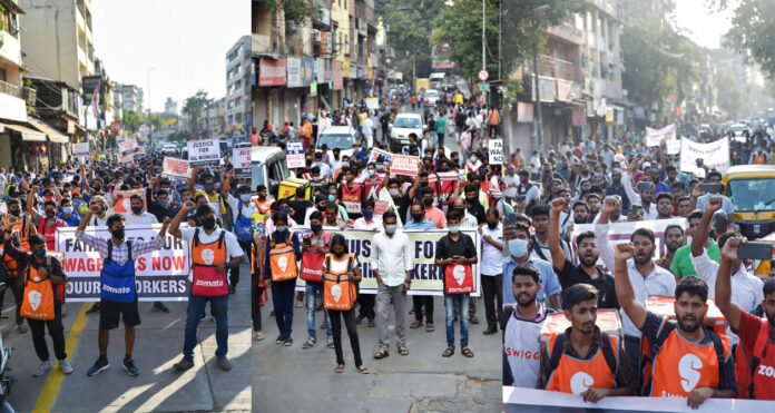 india-gig-workers-strike-de Gig workers protest on streets demanding higher pay and removal of 10-minute delivery option in India