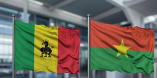 Flags of Mali and Burkina Faso as both countries restrict entry of US citizens