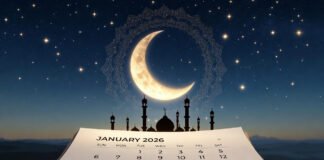Islamic calendar illustration for January 2026 with crescent moon highlighting Lailat al-Miraj and Ayyamul Bidh dates