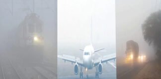 Dense fog affecting train operations at a railway station in North India