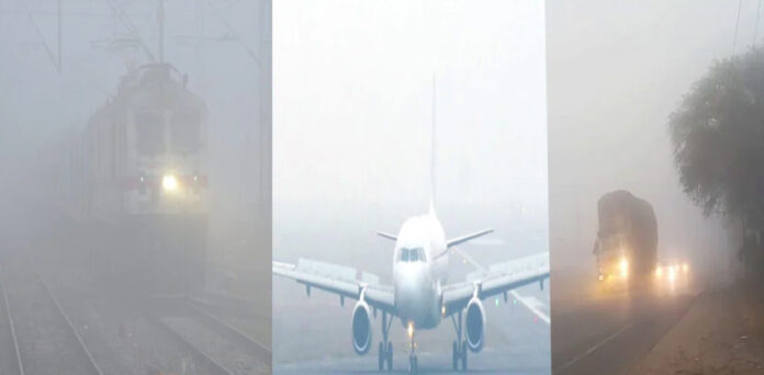 Dense fog affecting train operations at a railway station in North India