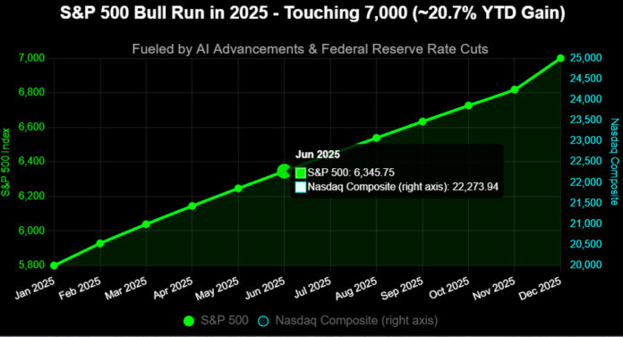 sp-500-7000-milestone-chart S&P 500 index chart approaching 7,000 milestone in late 2025 with upward trend line