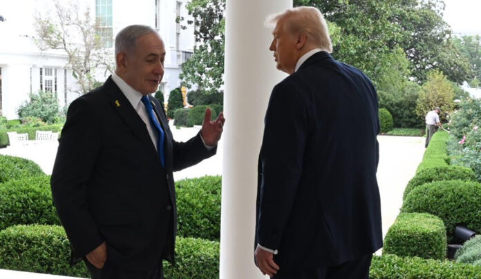 trump-netanyahu-west-bank-g Donald Trump and Israeli Prime Minister Benjamin Netanyahu meet at Mar-a-Lago in Florida to discuss Gaza peace efforts and the West Bank situation.
