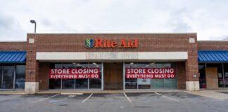Closed storefront of a Rite Aid pharmacy symbolizing 2025 US corporate bankruptcies
