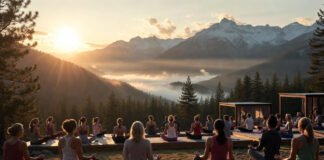 Serene group yoga session at a luxurious mountain wellness retreat with panoramic views, representing transformative 2026 wellness travel trends