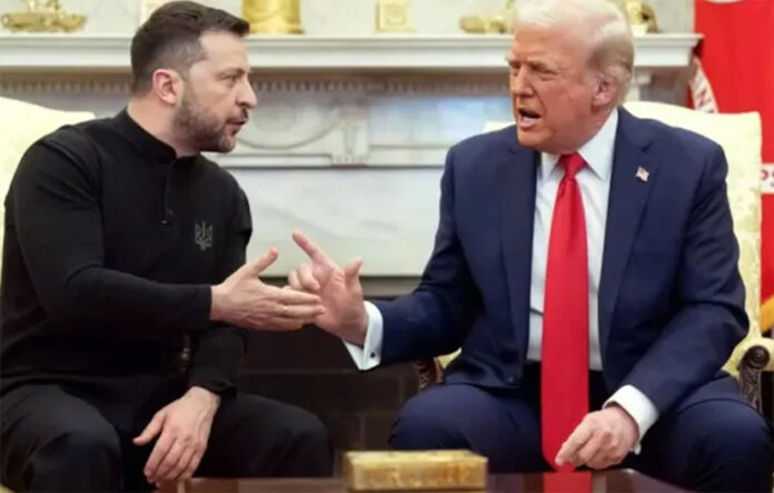 zelenskyy-trump-kyiv-attack Ukrainian President Zelenskyy amid Kyiv skyline following Russian missile attack