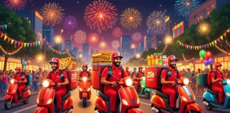 Zomato and Swiggy delivery partners collecting food orders during New Year Eve peak hours in India