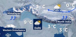 India weather update showing snowfall in the hills, dense fog in plains, and forecast changes for Delhi
