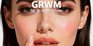 Close-up YouTube thumbnail of young woman with dewy glass skin, peach blush, thick lashes, and glossy lips for beauty tutorial channel