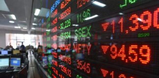 Indian stock market screen showing Sensex and Nifty falling in early trade