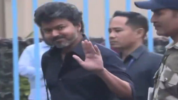 Vijay-Thalapathy-Appears-Be Vijay Thalapathy arriving at the CBI headquarters in New Delhi for questioning in the Karur stampede case.