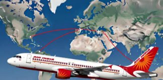 Air India Boeing 787 Dreamliner in flight with overlaid red downward financial trend arrow indicating projected FY2026 loss