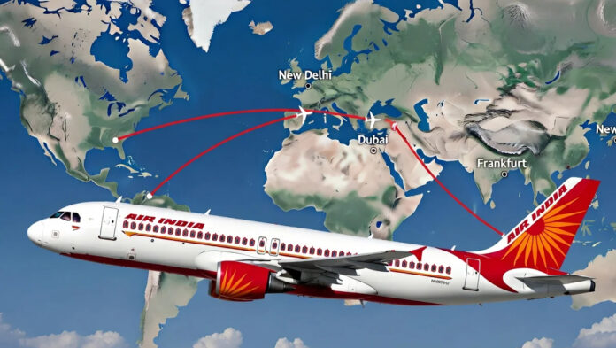 air-india-fy2026-projected- Air India Boeing 787 Dreamliner in flight with overlaid red downward financial trend arrow indicating projected FY2026 loss