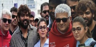 Ajith Kumar greets Nayanthara and Vignesh Shivan at Dubai Autodrome during the Dubai 24H Series race event.