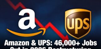 Amazon and UPS logos with job cuts graphic overlay for 2026 layoffs announcement