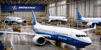 Boeing aircraft on production line as company reports profit rebound