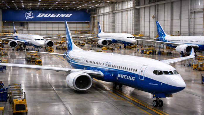 Boeing aircraft on production line as company reports profit rebound