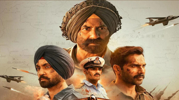 Border 2 movie still featuring Sunny Deol and Varun Dhawan in war uniform