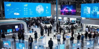 CES 2026 show floor featuring LG and Samsung displays, AI robots, and futuristic gadgets