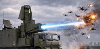 China's Norinco Hurricane 3000 truck-mounted high-power microwave anti-drone weapon system with raised antenna array