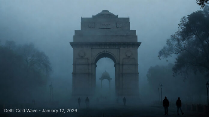 delhi-ncr-cold-wave-january Dense fog shrouds India Gate during severe cold wave in Delhi-NCR January 2026