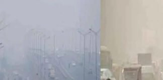Delhi pollution and fog with low visibility and people wearing masks amid poor air quality
