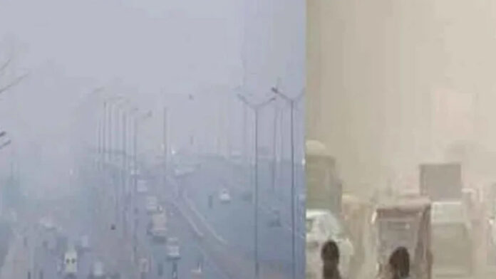 delhi-pollution-aqi-293-fog Delhi pollution and fog with low visibility and people wearing masks amid poor air quality