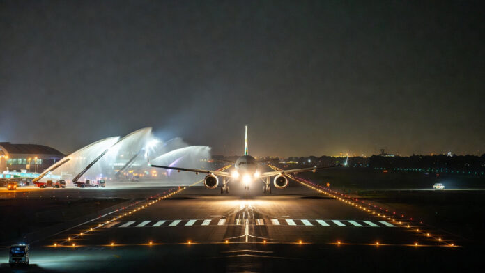 dhaka-karachi-direct-flight Biman Bangladesh Airlines aircraft lands at Karachi airport as Dhaka–Karachi direct flights resume after 14 years