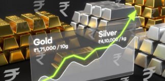 Stacks of shining gold and silver bars with rising price chart overlay showing record highs in Indian rupees