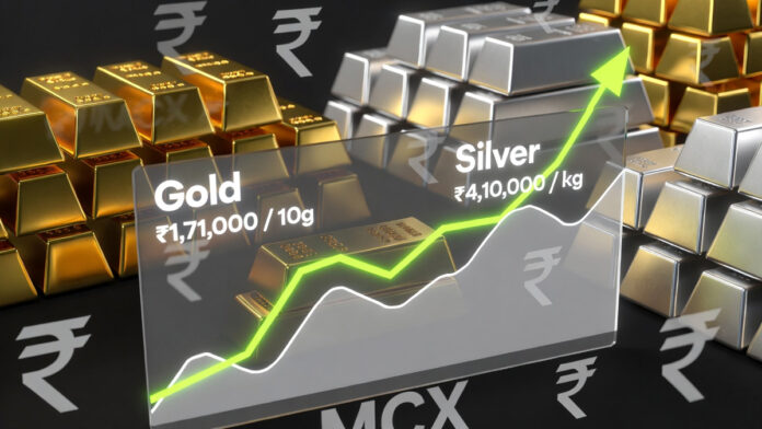Stacks of shining gold and silver bars with rising price chart overlay showing record highs in Indian rupees