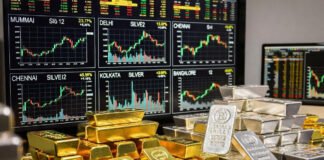 Gold and silver bars with rising price chart for January 12 across Indian cities