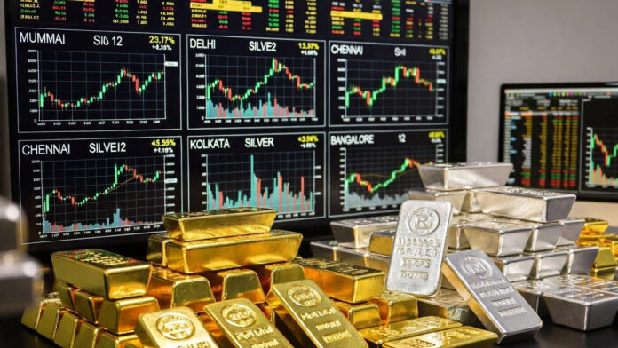 gold-silver-price-today-jan Gold and silver bars with rising price chart for January 12 across Indian cities