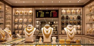 Gold jewellery displayed at an Indian showroom with updated gold prices