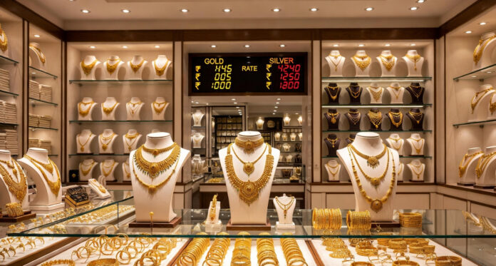 gold-silver-prices-india-ja Gold jewellery displayed at an Indian showroom with updated gold prices
