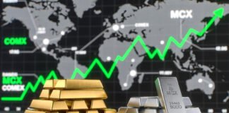 Gold and silver bars displayed with MCX price charts amid global market volatility